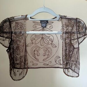 Rue21 Brown Beaded Cropped mini mesh bolero cardigan